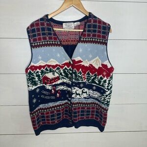 Vintage Northern Treasures by Parkhurst Winter Sweater Vest Red Blue Cabin Large